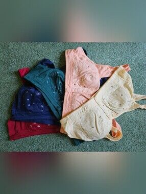 5 PACK Cotton Blend Non-Wired Bra - Peach, Yellow, Dark Green, Navy, Burgundy.